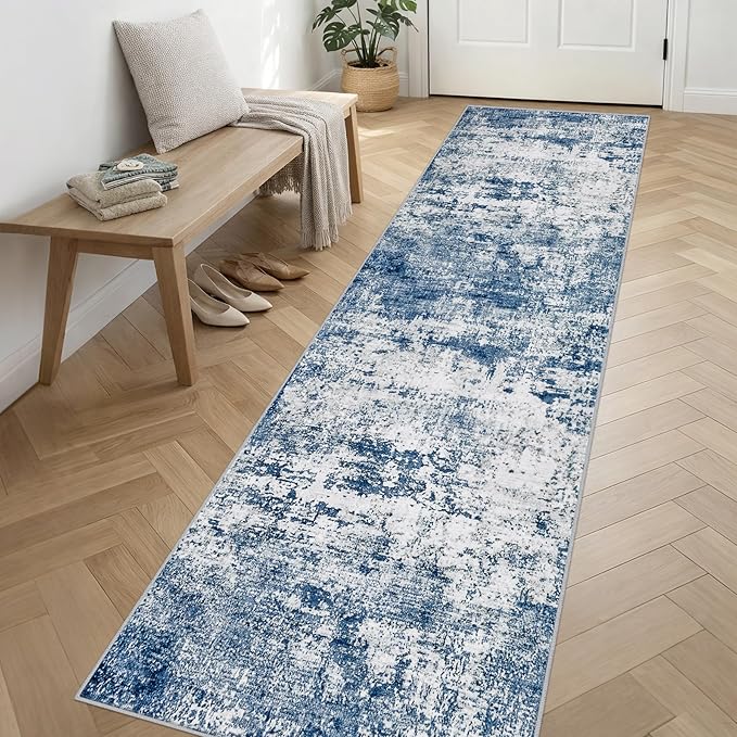 2.6'x14' Runner Rug Washable Rug: Modern Abstract Soft Thin Runner Rug Blue