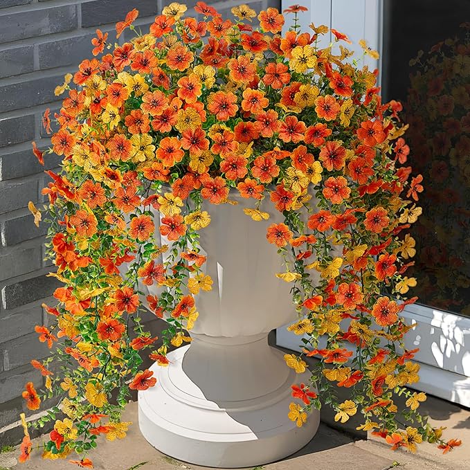 Artificial Hanging Flowers for Outdoors Fake Plants Decoration, 2 Packs Faux Silk Daisy Flower Realistic Outdoor Flowers UV Resistant Porch Patio Window Yard Indoor Spring Decor(Yellow Orange)