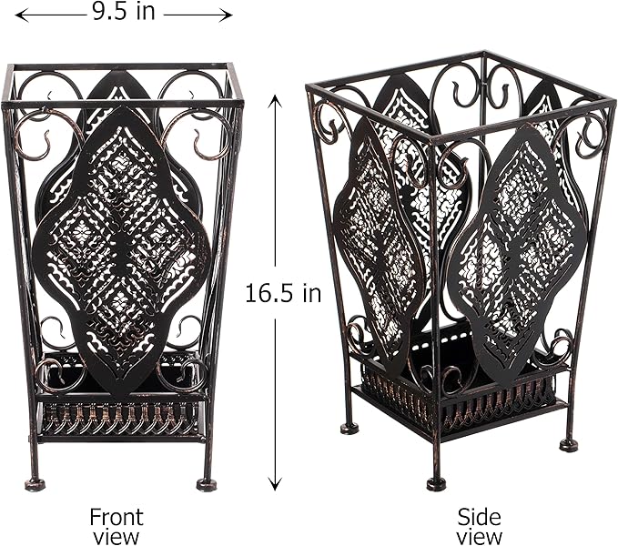 Dualplex Umbrella Holder Umbrella Stand Rack Metal Entry Hallway Décor w/Removable Drip Tray for Home Office Holds Umbrellas Canes Walking Sticks 16" Tall (Square, Antique)