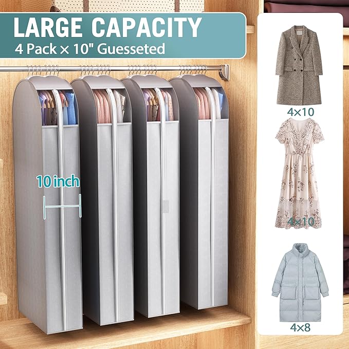 10" Gusseted Garment Bags for Hanging Clothes with clear window, 60" Suit Bags for Open Closet Storage, Clothing Cover for Coat, Dress, Jacket, Shirt, Fur Wardrobe Protector, 4 Packs