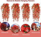 Artificial Hanging Flowers for Outdoors, 4 PCS UV Resistant Faux Plants Silk Realistic 150 Morning Glory Each Vines, Fake Plastic Floral for Garden Patio Spring Summer Decor, Red