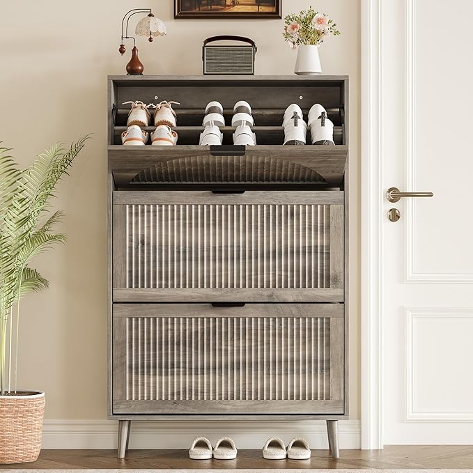 Shoe Cabinet for Entryway with 3 Flip Drawers, Slim Wooden Shoe Storage Organizer with Modern Fluted Pannel，Freestanding Narrow Hidden Shoe Rack for Hallway, Foyer, Living Room