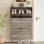 Shoe Cabinet for Entryway with 3 Flip Drawers, Slim Wooden Shoe Storage Organizer with Modern Fluted Pannel，Freestanding Narrow Hidden Shoe Rack for Hallway, Foyer, Living Room