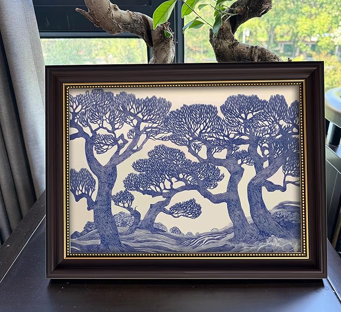 Vintage Gold Framed Wall Art Oak Tree Forest Painting Canvas Prints Blue Woodland Nature Landscape Picture Moody Botanical Poster Artwork for Living Room Bedroom, 9x11in