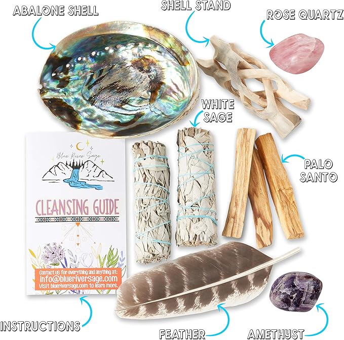 Home Cleansing & Smudging Kit with White Sage, Palo Santo, Abalone & Stand, Smudge Feather & Guide - Smudge Kit with Sage Smudge Sticks