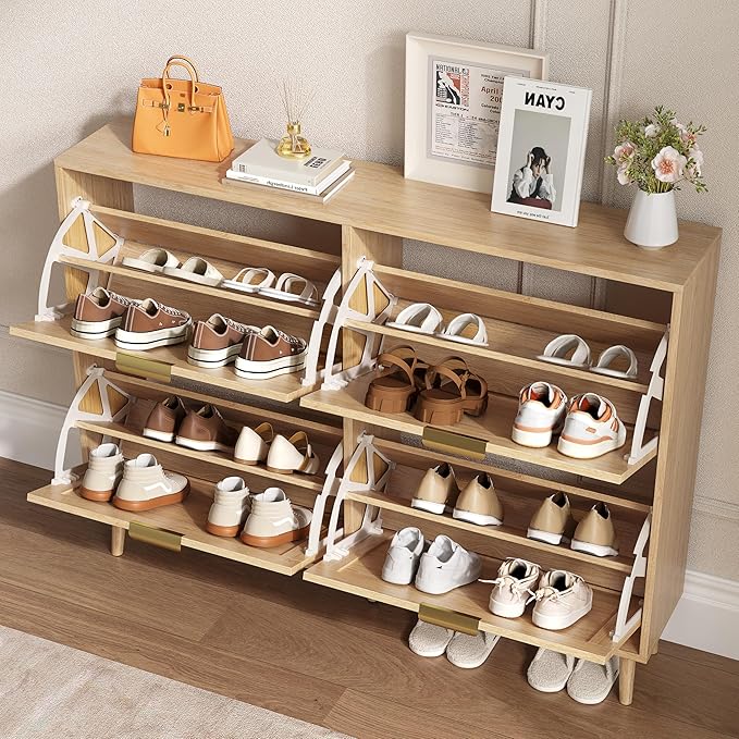 Shoe Cabinet for Entryway with 4 Flip Drawers, Slim Wooden Shoe Storage Organizer with Modern Fluted Pannel，Freestanding Narrow Hidden Shoe Rack for Hallway, Foyer, Living Room