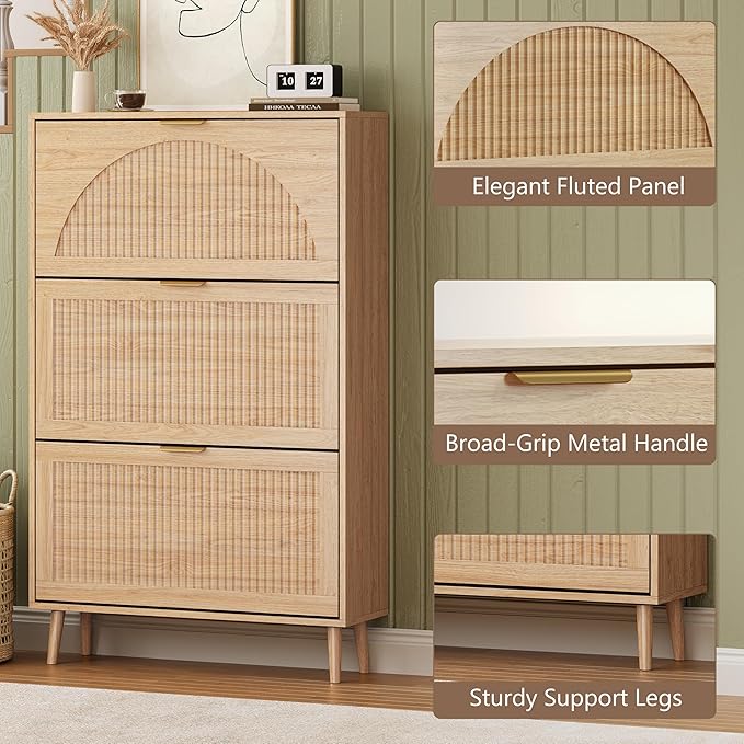 Shoe Cabinet for Entryway with 3 Flip Drawers, Slim Wooden Shoe Storage Organizer with Modern Fluted Pannel，Freestanding Narrow Hidden Shoe Rack for Hallway, Foyer, Living Room