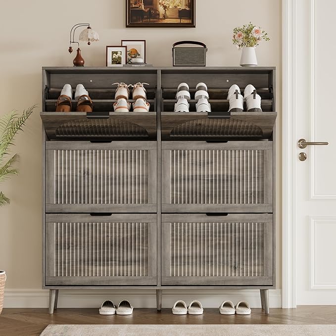 Shoe Cabinet for Entryway with 6 Flip Drawers, Slim Wooden Shoe Storage Organizer with Modern Fluted Pannel，Freestanding Narrow Hidden Shoe Rack for Hallway, Foyer, Living Room