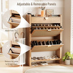 Rattan Shoe Storage Cabinet, Shoe Organizer with 2 Flip Drawers, Narrow Shoe Cabinet, Free Standing Hidden Shoe Storage, Shoe Rack for Entryway/Hallway/Closet, Natural Oak
