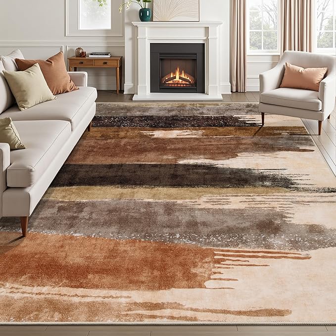 Ciicool Modern Abstract Brown Grey Rug for Living Room, 6'x9' Machine Washable Area Rug Non-Slip Rug, Low-Pile Contemporary Indoor Dining Floor Carpet for Bedroom Office Under Table Home Decor