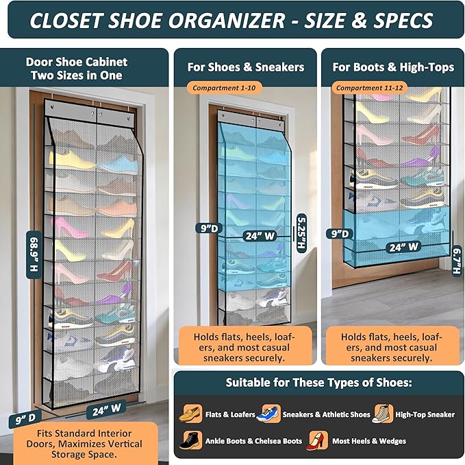 24-Pair Over Door Shoe Organizer for Family & Kids, Double Sided | Hanging Storage for Sneakers, Boots, Toys & Room Organization-Graphite Gray
