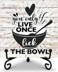 Kitchen Counter Decor, Life Is Short Lick The Bowl Sign, Funny Farmhouse Kitchen Wooden Plaque with Iron Stand for Dinning Room Desk Shelf Display-A11
