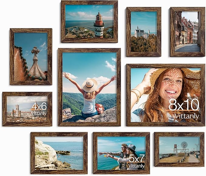 Vittanly 10 Pack Picture Frames Collage Wall Decor, Gallery Wall Frame Set for Wall or Tabletop Display, Engineered Wood and Shatter-resistant Plexiglass, Multi Sizes with 8x10, 5x7, 4x6 Frames, Brown