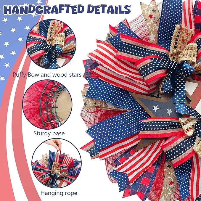 250th Anniversary Patriotic Wreath for Front Door, 20 Inch Red White Blue Wreath 4th of July Wreaths Memorial Day Decor Independence Day Decoration for Home Farmhouse Holiday (Star)