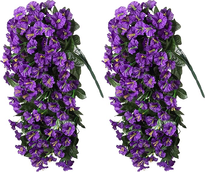 HyeFlora Artificial Fake Hanging Flowers Plants for Outdoor Outside Summer Decoration, 2PCS Faux Silk Morning Glory Purple UV Resistant Look Real Trailing Vines for Home Planter Porch Patio
