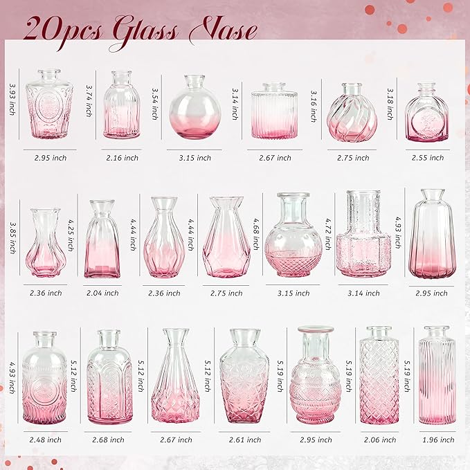 Der Rose Pink Glass Bud Vases Set of 20, Small Bud Vases for Flowers, Rustic Wedding Centerpieces and Home Decor