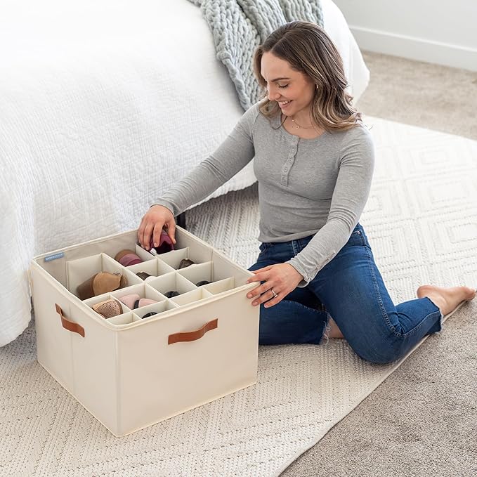 OrganiHaus Large Shoe Storage Bin for Closet, Shoe Organizer Box Fits up to 16 Pairs, Collapsible Fabric Shoe Basket w/Clear Cover, Adjustable Dividers & Reinforced Handles, Off-White