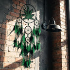 Green Leaf Weed Dream Catcher Wall Hanging Decor Bedroom Adult Living Room Home Bohemian Decorations (5 Rings)