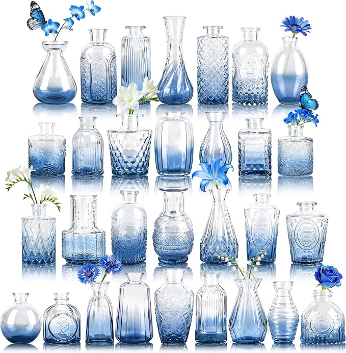 Der Rose Blue Glass Bud Vases Set of 30, Small Bud Vases for Flowers, Rustic Wedding Centerpieces and Home Decor