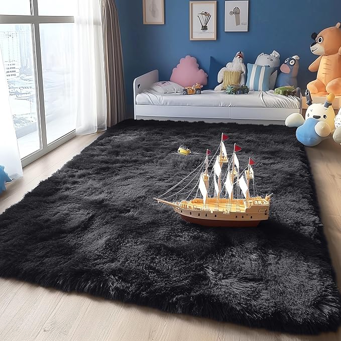 OLANLY 4x9 Area Rugs for Living Room Bedroom, Machine Washable Soft Fluffy Shaggy Bedside Rug, Indoor Floor Carpet for Kids Girls and Boys, Dorms, Nursery Rooms, Home Decor Aesthetic, Black
