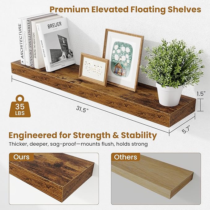 Fun Memories Bathroom Shelves 32 Inch Long Set of 2, Floating Shelves for Wall with Invisible Brackets, for Bedroom, Living Room, Kitchen, Rustic Brown