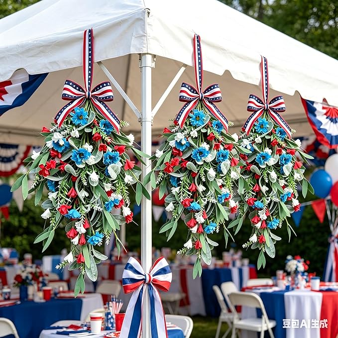 2 Pack 21'' 4th of July Swag Wreaths for Cabinets Independence Day Floral Teardrop Wreath with Artificial Flower and Eucalyptus Leaves Wreath Hanger for Farmhouse Front Door Porch Window Wall