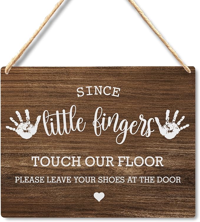 Wall Pediments Shoes Off Sign,Shoes Off Sign for Front Door,Since Little Fingers Touch Our Floor Door Sign,Shoes Off Hanging Welcome Sign for Front Door,6x12 Inches，Wood Grain-4