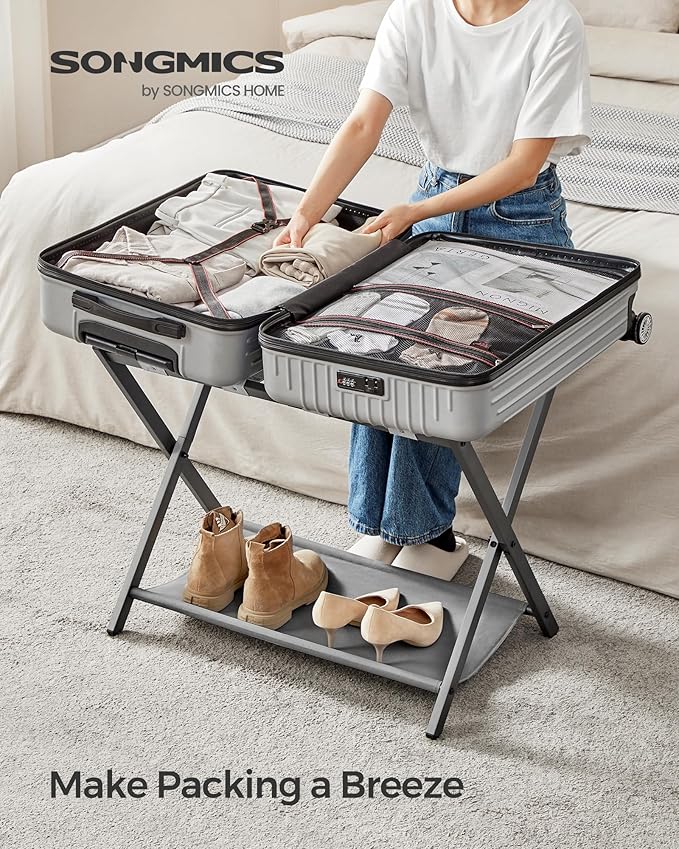 SONGMICS Luggage Racks for Guest Room, Set of 2, Suitcase Stand with Storage Shelf, Steel Frame, Foldable for Easy Storage, Hotel, Bedroom, Slate Gray URLR003G02