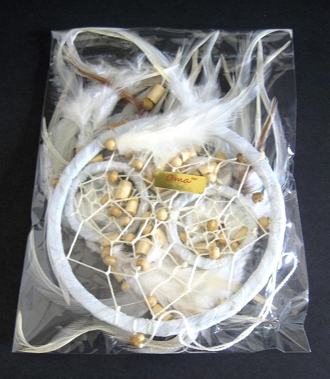 OMA Dream Catcher - Hand Made White Feather Dream Catcher Heart Shaped with Crystal Beads - 7" Diameter & 24" Long - OMA Federal (TM) Brand