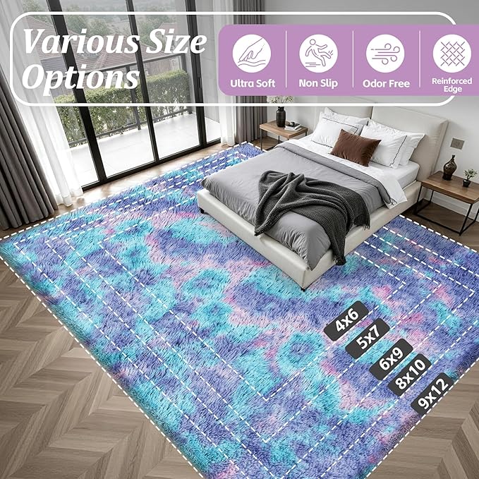 Fluffy 4x6 Area Rugs for Living Room Bedroom: Ultra Soft Shag Rug Non-Slip Non-Shedding Small Plush Bedside Rug Indoor Floor Carpets for Kids Room Playroom Entryway Nursery Dorms Home Rainbow Purple