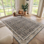 Washable 6x9 Area Rugs for Living Room, Boho Non-Slip Vintage Distress Large Rugs for Bedroom Dining Room Nursery Office, 0.3" Neutral Oriental Throw Thin Carpet, Black/Brown/Blue/Multi