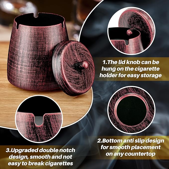 Ashtray for Cigarettes Outdoor, Outdoor Ashtray with Lid for Cigarette, Metal Odorless Windproof Smokeless AshTray for Patio Home Office Tabletop Balcony