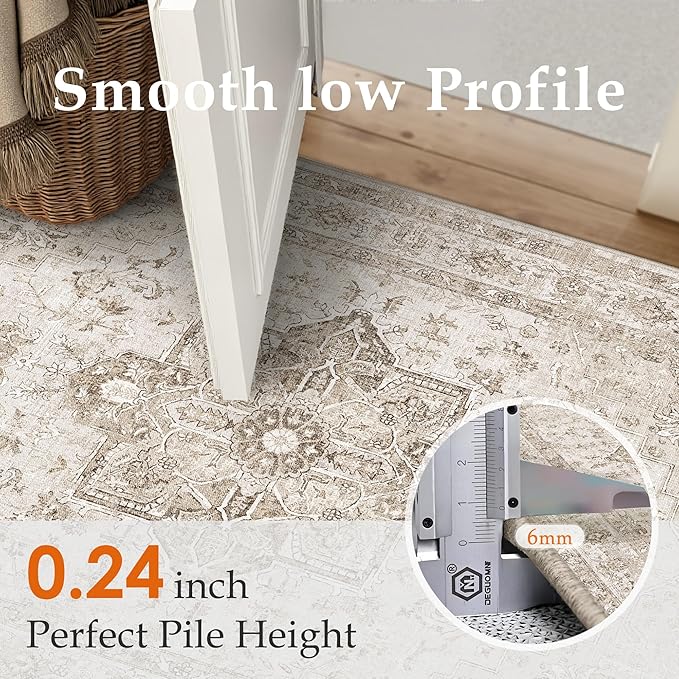 Taupe 5x7 Area Rug Washable Vintage Living Room Carpet Non Slip Retro Distressed Low Pile Soft Oriental Medallion Thin Throw Rug for Kitchen Bathroom Office Bedroom Dining Room