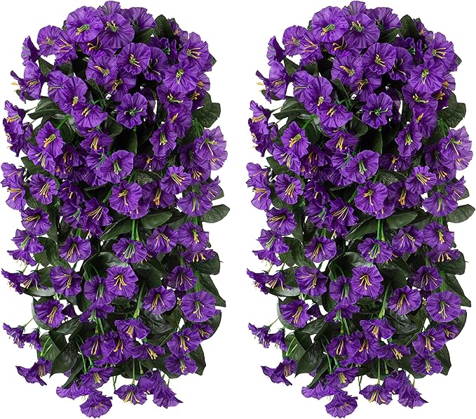HyeFlora Artificial Fake Hanging Flowers Plants for Outdoor Outside Summer Decoration, 2PCS Faux Silk Morning Glory Purple UV Resistant Look Real Trailing Vines for Home Planter Porch Patio