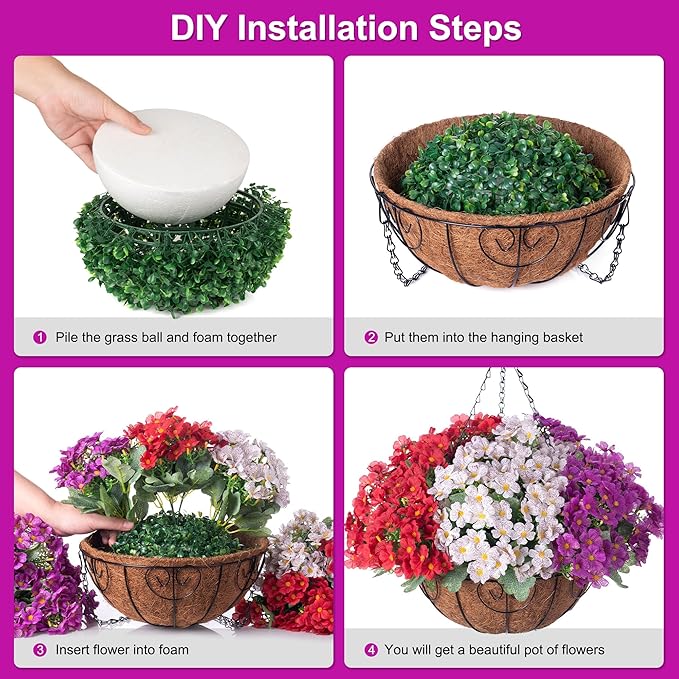 Artificial Flower in Hanging Basket Outdoor Indoor Decoration,Coconut Lining Flowerpot with Faux Plant,Daisy with Eucalyptus Leaves Arrangement for Home Spring Summer Decor(Red Purple White)