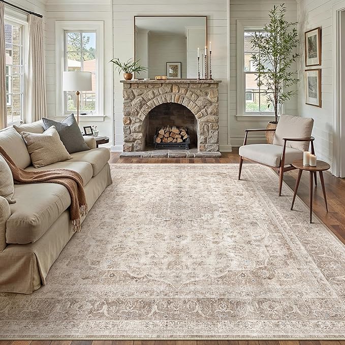 Beige Area Rug 6x9 for Living Room Washable Vintage Carpet Low Pile Non Slip Distressed Soft Traditional Retro Oriental Large Accent Throw Rug Office Bedroom Dining Room Playroom