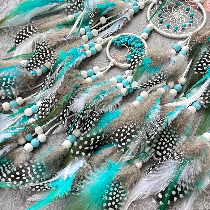 Large Dream Catchers,Boho Handmade Woven Turquoise Dream Catcher Wall Hanging Ornament for Bedroom Living Room Apartment Wedding Party Decor, Festival Blessing Gift (White+Turquoise)