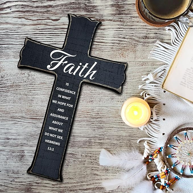 dsjaidh Cross Wall Decor - Black Scripture Wooden Cross For Wall - Gothic Wooden Hanging Signs Christian Easter Decor for Home Office Church Baptism - Christian Gifts for Men Women (Faith) - A07
