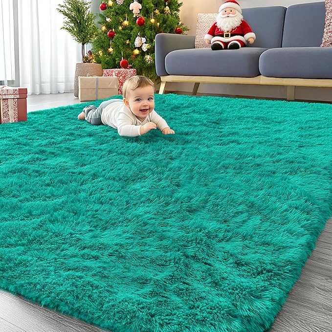 OLANLY 6x9 Machine Washable Large Area Rugs for Living Room, Bedroom, Soft Fluffy Shaggy Bedside Rug, Indoor Floor Carpet for Kids Girls and Boys, Dorms, Nursery, Home Decor Aesthetic, Teal Green