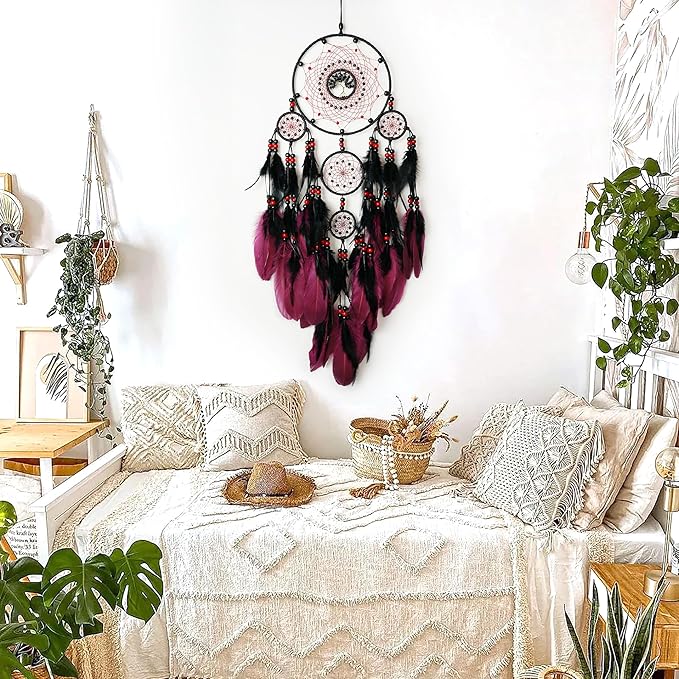 Large Dream Catchers, Boho Handmade Native Macrame Dream Catchers Wall Hanging for Bedroom Living Room Dorm Room Decor, Adults Wedding Party Decor, Festival Blessing Gift (Red & Black)