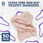 ZOBER Purple Velvet Hangers 50 Pack - Clothes Hangers, Coat Hanger for Pants & Dress Clothes - Non Slip w/ 360 Degree Swivel, Holds up to 10 lbs - Strong Felt Hanger for Clothing