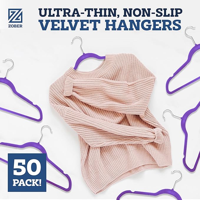 ZOBER Purple Velvet Hangers 50 Pack - Clothes Hangers, Coat Hanger for Pants & Dress Clothes - Non Slip w/ 360 Degree Swivel, Holds up to 10 lbs - Strong Felt Hanger for Clothing