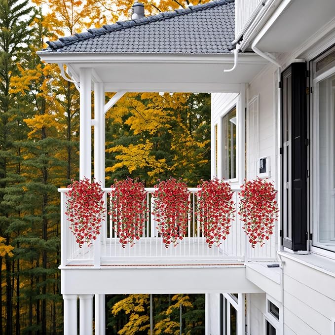 Artificial Hanging Flowers for Outdoors Fake Plants Decoration, 2 Pcs Faux Silk Daisy Flower Realistic Outdoor Flowers UV Resistant Porch Patio Window Yard Indoor Spring Decor(Red)