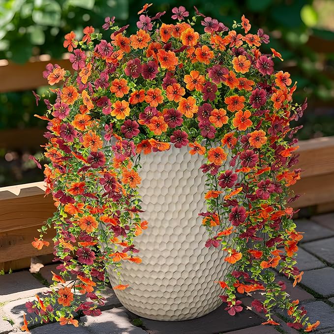 Artificial Hanging Flowers for Outdoors Fake Plants Decoration, 2 Packs Faux Silk Daisy Flower Realistic Outdoor Flowers UV Resistant Porch Patio Window Yard Indoor Spring Decor(Orange Brown)