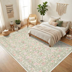 GarveeHome Pink and Green Vintage Floral Washable Rugs 6x9 for Living Room Boho Retro Botanical Rug Low Pile Stain Resistance Non Slip Carpet for Bedroom Nursery Dining Room