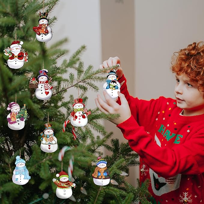 24 Pieces Christmas Snowman Wooden Ornaments Wood Hanging Decoration Set for Christmas Tree Hanging Wood Crafts Holiday Decor Xmas Party Supplies