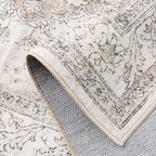 Beige Area Rug 5x7 Washable Vintage Carpet for Living Room Office Soft Retro Low Pile Thin Indoor Rug Non Slip Oriental Medallion Floor Cover for Bedroom Dining Room