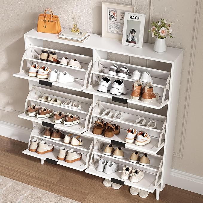 Shoe Cabinet for Entryway with 6 Flip Drawers, Slim Wooden Shoe Storage Organizer with Modern Fluted Pannel，Freestanding Narrow Hidden Shoe Rack for Hallway, Foyer, Living Room