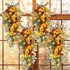 Lyrow 4 Pcs Cordless Prelit Artificial Swags 24" Pumpkin Stairway Swag Teardrop Trim with Timer Christmas Staircase Decoration Battery Operated Garland for Indoor Outdoor Railing