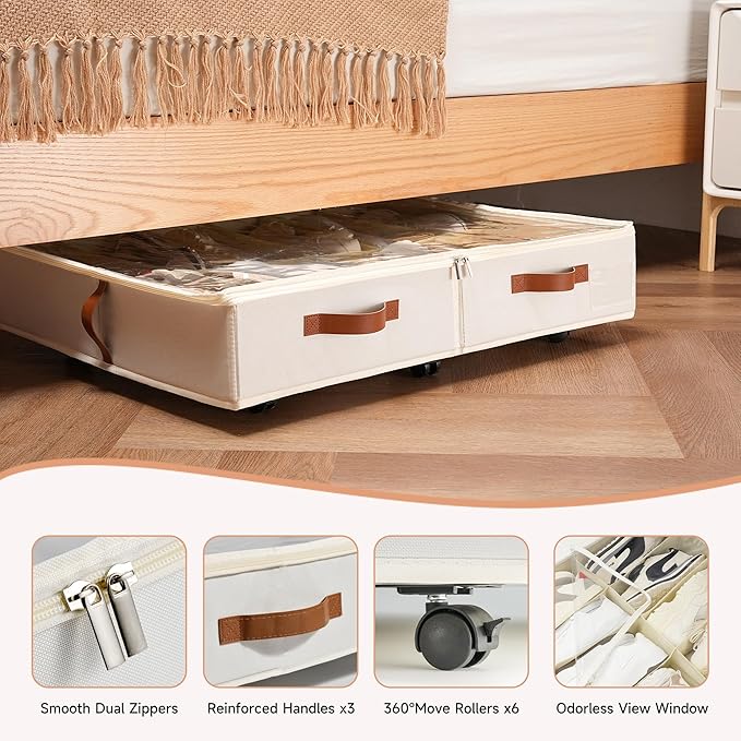 Under Bed Shoe Storage with Wheels 2 Pack, Holds 12 to 24 Pairs, Sturdy Shoe Organizer with Clear Lid, Zippers and 3 Handles, Foldable Fabric Shoe Organizer for Closet